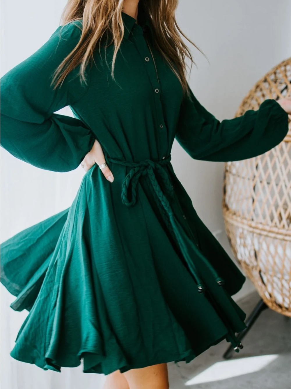 Hem & Thread Emerald Green Long-Sleeve Fall Button-Front Shirt Dress Winter wear
